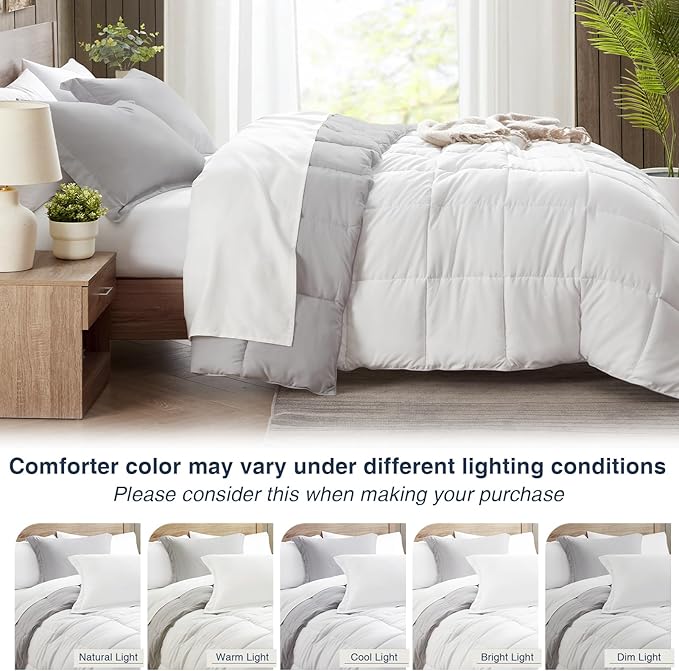 satisomnia Queen Comforter Set, White Grey Bedding Comforters Queen Size, 3 Pieces Down Alternative Bed Comforter Lightweight, Soft Quilted Bed Set Breathable, Reversible All Season Bedding Sets