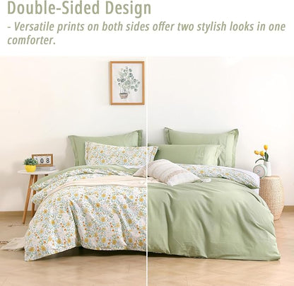 Floral Cotton Comforter Queen Size 3Pcs - Yellow and Blue Tiny Flowers & Little Lambs on White, Sage Green Back, Reversible Lightweight Bedding Sets with Soft Fill(Queen, 90"×90")