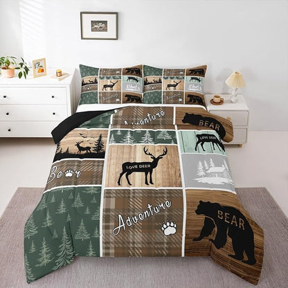 Retro Cabin Comforter Set 2Pcs, Pine Tree Buffalo Plaid Quilt Bear Deer Elk Bedding, Forest Wildlife Woodland Animals Duvet Insert Hunting Lodge Country Rustic Farmhouse Bedroom Decor, Twin Size