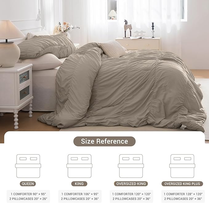 Lady Ann Queen Size Boho Comforter Sets - Linen Feel Ruched Bedroom Sets, 3 Piece Fluffy Bedding Comforter Sets, Ultra Soft & Luxurious All Season Boho Bedding Sets for Women Men