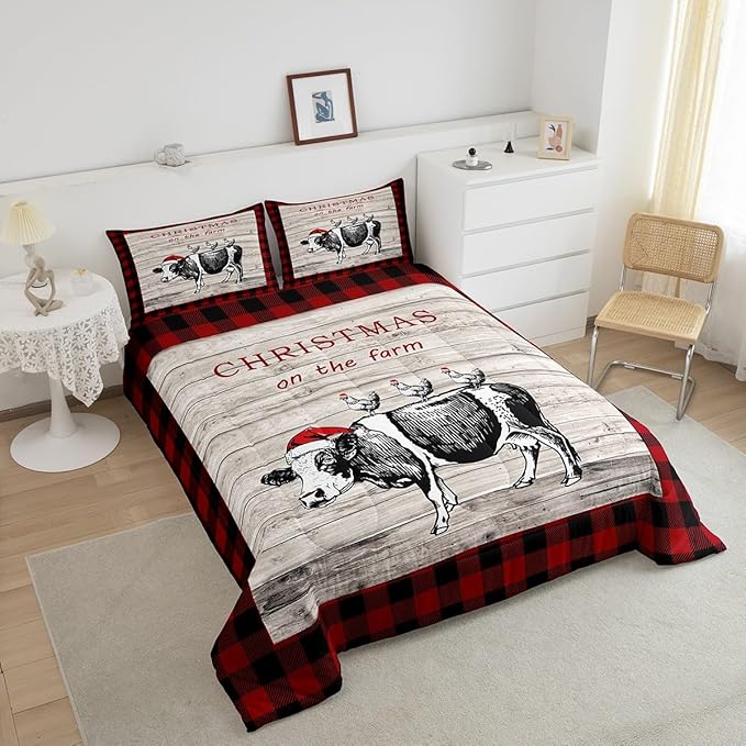 Castle Fairy Cartoon Cow Chicken Bed Comforter Set Queen Size,Vintage Wooden Plank Red Grids Super Soft Microfiber Bedding Set for Adults Men,Christmas Farm Decorative Comforter Set,3 Pcs