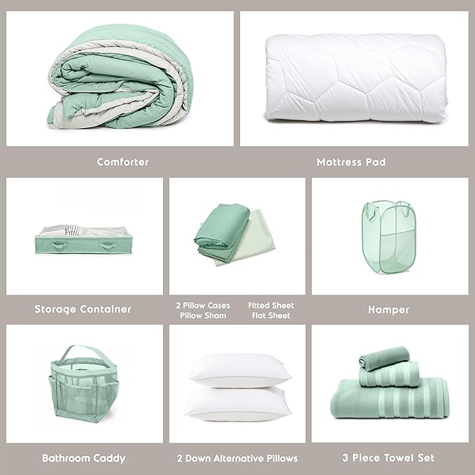 Hearth & Harbor Complete Dorm Room Set, Twin XL Comforter Set, Sheet Set, Pillows, Mattress Protector, Towels and Organizers - All Dorm Accessories Included