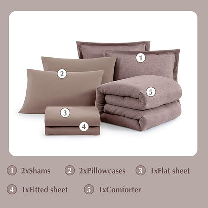 Geniospin King Size Comforter Set- 7 Piece Misty Rose Textured King Bedding Set, Soft Solid Bed in a Bag for All Season, King Comforter Set with Sheets(Misty Rose,102''x90'')