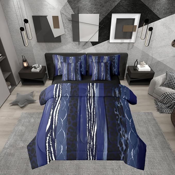 Erosebridal White Dark Blue Stripe Leopard Print Full Comforter Set 7 Pieces | Cheetah Fur Bed in A Bag for Bedroom Women Men Adults Bedding Set with Comforters Animal Skin Pattern Room Decor