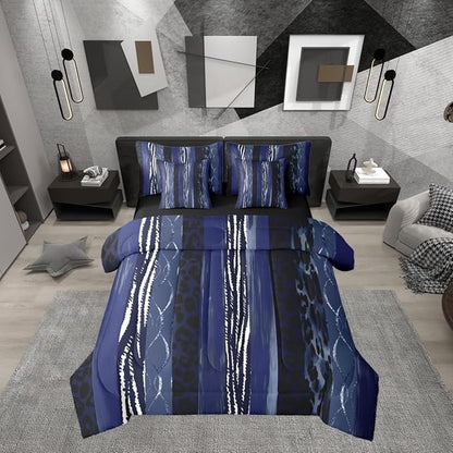 Erosebridal White Dark Blue Stripe Leopard Print King 7-Piece Comforter Set | Cheetah Fur Geometric Sheets and Pillowcases Women Men Adults Bed in A Bag Animal Skin Pattern Bed Sets