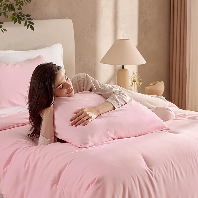 Andency Pink Oversized Queen Size Comforter Set, 3 Pieces Boho Solid Modern Bedding Comforters & Sets, Soft Lightweight All Season Bed Set for Men Women (98x98Inch Comforter & 2 Pillowcases)