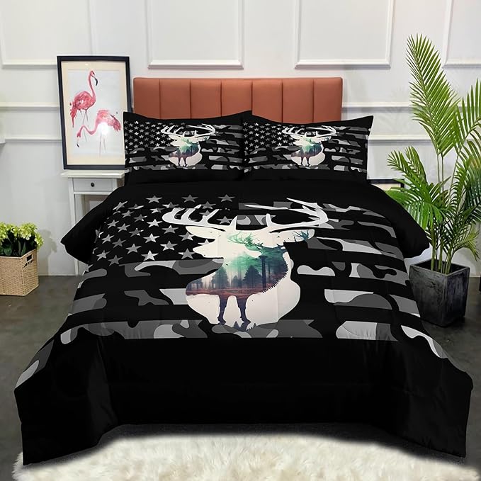 NINENINE Camo Deer Comforter Sets Hunting Comforter,Queen Size Bedding Sets for Boys, Western Comforter Sets Geometric Plaids Bedding Sets with 1 Comforter 2Pillowcases…