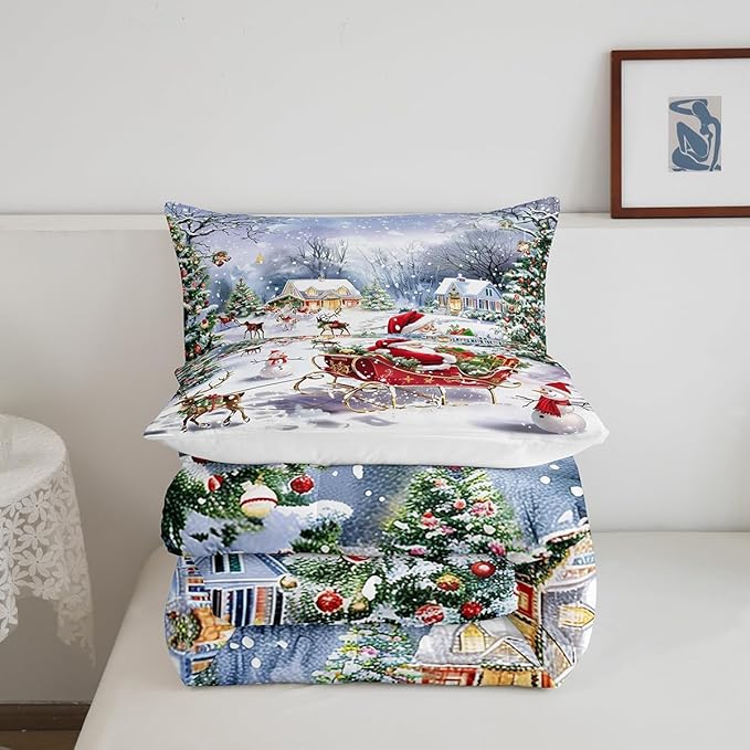 Merry Christmas Kids Comforter Set Full Size,Santa Claus and Elk Sledge Bedding Set 3Pcs,Cute Snowman Xmas Tree Quilt Set Girls Boys Room Decor,Rustic Cabin Winter Duvet Insert,2 Pillowcases