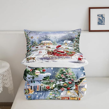 Merry Christmas Kids Bedding Set Twin Size,Santa Claus and Elk Sledge Comforter Set 2Pcs,Cute Snowman Xmas Tree Quilt Set Girls Boys Room Decor,Rustic Cabin Winter Duvet Insert,1 Pillowcase