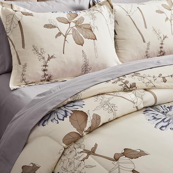 Joyreap 7 Piece Bed in a Bag King, Elegant Flower Botanical Smooth Soft Microfiber Floral Comforter Set for All Season (1 Comforter, 2 Pillow Shams, 1 Flat Sheet, 1 Fitted Sheet, 2 Pillowcases)