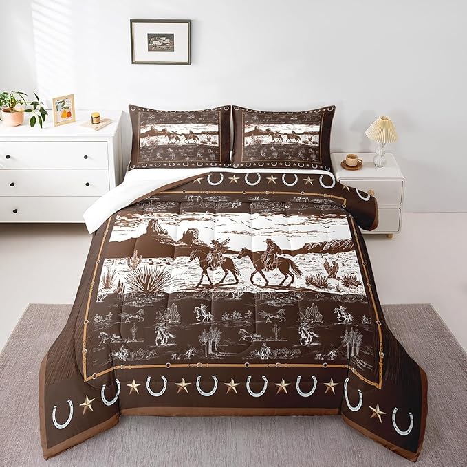 Feelyou Western Aztec Comforter Set Toddler Size Horse Cowboy Bedding Set for Boys Men Kids Teens Rustic Western Decor Country Wild West Down Comforter Brown Duvet Set with 1 Pillowcase