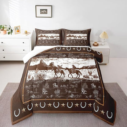 Feelyou Western Aztec Comforter Set Toddler Size Horse Cowboy Bedding Set for Boys Men Kids Teens Rustic Western Decor Country Wild West Down Comforter Brown Duvet Set with 1 Pillowcase