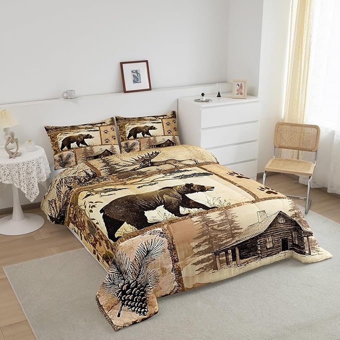 Feelyou Western Rustic Bear Comforter Set Twin Size, Wooden Board Farmhouse Duvet Insert, Forest Animal Wildlife Hunting Country Brown Patchwork Bear Paw Print Quilt,1 Comforter 1 Pillow Shams