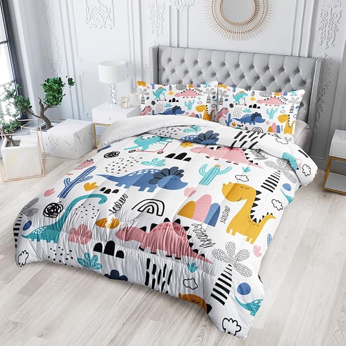Cartoon Dinosaur Rainbow Comforter Set Full 3Pc Kawaii Dinosaur Bedding Set All Season with Cactus, Coconut Tree Decoration Includes 1 Comforter, 2 Pillowcases for Kids Girls Teens