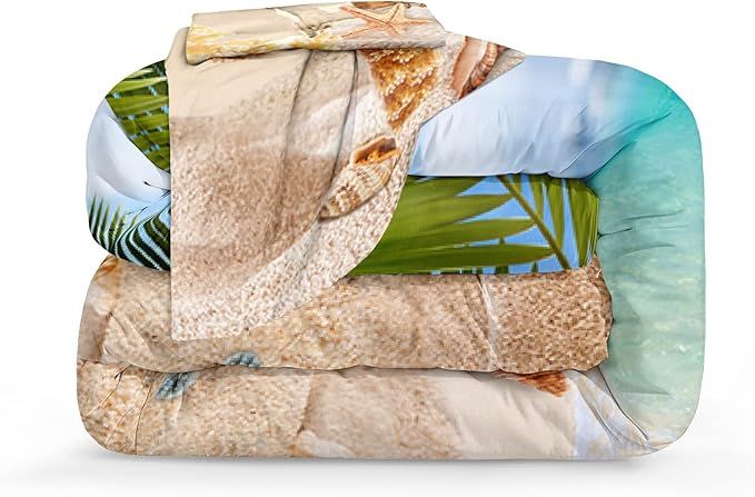 MOVE OVER 4 Pieces King Size Ocean Beach Bedding Set Coastal Bedding Set Starfish and Shells Pattern Ocean Comforter Set for Boys Girls and Teens Tropical Palm Tree Printed Beachy Comforter Set