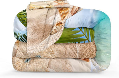 MOVE OVER Beach Theme Bedding Set California King Ocean Comforter Set Hawaii Scenery Sea Conch Sea Star and Shells Pattern Design Tropical Palm Tree Pattern Coastal Bedding Set for Summer