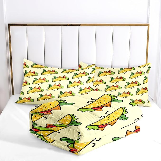 Cute Sandwich Comforter Set Queen Size, Food Themed Microfiber Bedding Set, Cartoon Lovely Bedroom Decor, 90'' x 90'' Yellow