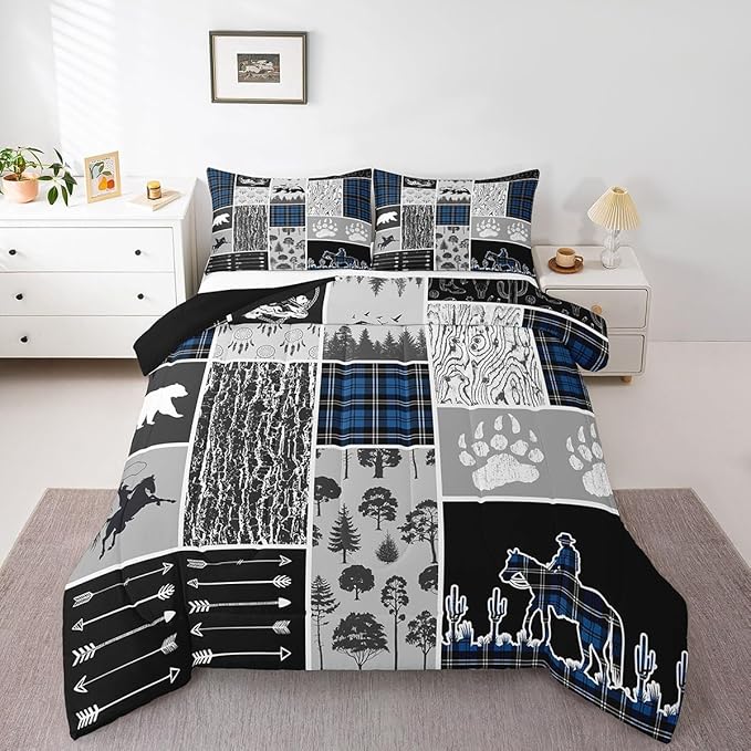 Erosebridal Western Comforter Set Full,Bear Horse Cowboy Bedding Set,Royal Blue Buffalo Grid Plaid Quilt,Rustic Famrhouse Duvet Insert Dream Catcher Arrow Decor 3Pcs for Kids Boys Teens Bedroom
