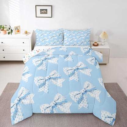 Erosebridal Blue Cartoon Bowknot King Bedding Set For Girls,Cute Kawaii Dot Bow Comforter Set Girly Coquette Princess Style Bedding Comforter Sets For Kids Teen Adults,Romantic Aesthetic Bow Tie Quilt