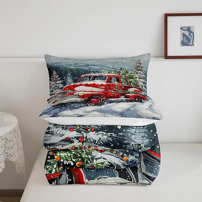 Red Christmas Truck Comforter Set Twin Size,Winter Snow View Bedding Set 2pcs for Kids Boys Girls Adults Room Decor,Happy New Year Themed Quilt Set Xmas Pine Duvet Insert,1 Pillowcase