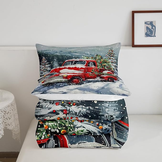 Red Christmas Truck Comforter Set King Size,Winter Snow View Bedding Set 3pcs for Kids Boys Girls Adults Room Decor,Happy New Year Themed Quilt Set Xmas Pine Duvet Insert,2 Pillowcases