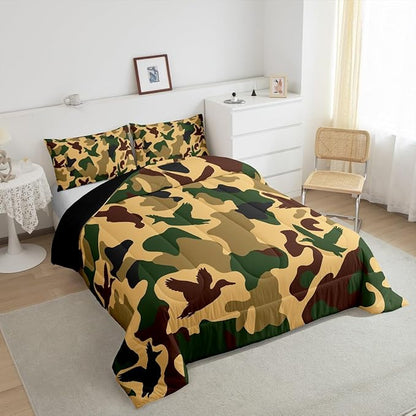 Erosebridal Camo Duck Comforter Set Queen Size Camouflage Bedding for Kids Hunting Farmhouse Camping Comforter Vintage Army Green Yellow Room Decor Wild Animal Rustic Duvet Set
