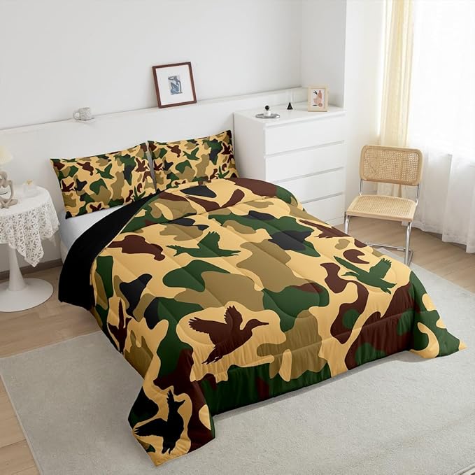 Erosebridal Camo Duck Comforter Set King Size Camouflage Bedding for Kids Hunting Farmhouse Camping Comforter Vintage Army Green Yellow Room Decor Wild Animal Rustic Duvet Set