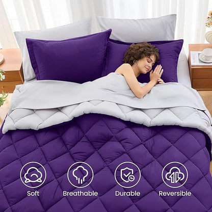 MUXHOMO 7 Pieces Full Comforter Set, Reversible Bed in a Bag Full Size, All Season Bedding Set with Comforter, Flat Sheet, Fitted Sheet, Pillowcases & Shams, Purple & Lavender