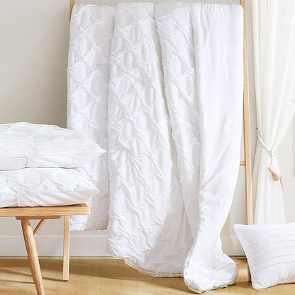 Comfort Spaces Comforter for King Size Bed, Ogee Ruched with Crinkle Texture, Breathable Comforter Set King, All Season Lightweight Bedding Set, Shams, Décor Pilow, King/Cal King White 4 Piece