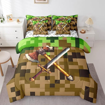 Castle Fairy Axe Sword Comforter Sets - 7 Pieces Full Size,Camouflage Blocks All Season Reversible Bed in a Bag Miner Theme Bedding Set Pixel Style Flat Sheet,Fitted Sheet,Pillowcases