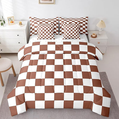 Feelyou Checkered 7 Piece Bedding Set Teen Coffee Brown White Plaid Comforter Set with Sheets Twin Size Kids Boys Cute Retro Neutral Checkerboard Geometric Bed in a Bag Vintage Aesthetic Room Decor