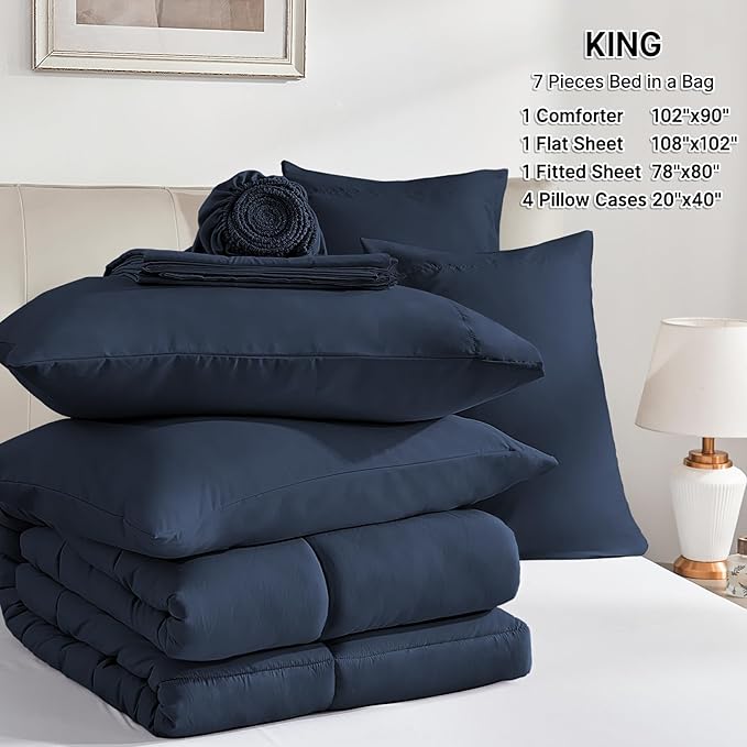 SunStyle Home Navy Blue King Size Comforter Set - 7 Pieces Bed in a Bag, Lightweight Goose Down Alternative Bedding Sets with All Season Comforter, 1 Flat Sheet, 1 Fitted Sheet, 4 Pillowcases