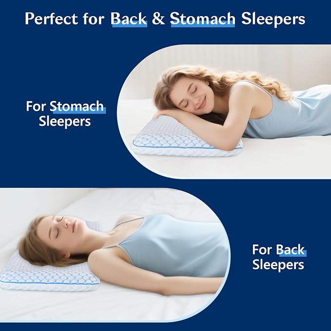Flat Pillow for Stomach and Back Sleepers, Ultra Thin Pillow for Sleeping, Cooling Gel Slim Stomach Sleeping Pillows for Shoulder Neck Pain Relief, Low Profile Memory Foam Pillows 2.75-inches