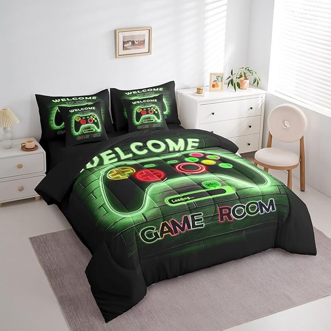 jejeloiu Green Gamer Gaming 7 Piece Bedding Set King Size for Boys Game Console Comforter Set with Sheets Kids Teens Neon Light Bed in a Bag Cool Game Room Decor Bed Set