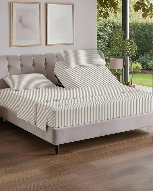 Flex Top Split Head King 4 Piece Sheet Set - Comfy Breathable & Cooling Bed Sheets Set - Hotel Luxury Bedding for Women, Men, Kids, Teens, Boys & Girls - Deep Pockets, Soft - Oeko-Tex - Beige Stripes