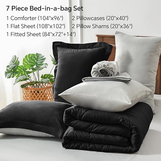 BEDELITE California King Size Comforter Set 7 Pieces Bed in A Bag - Soft Microfiber Reversible Cal King Black Bed Set with Comforters, Sheets, Pillowcases & Shams, Cozy Bedding Sets for All Season