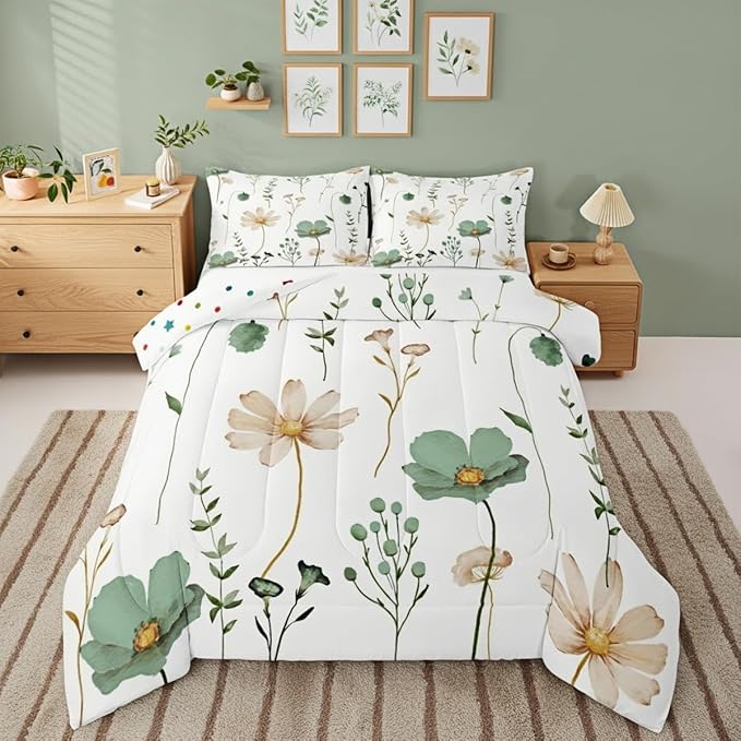 Erosebridal Watercolor Floral Comforter Set Queen, Sage Green Beige Flower Bedding Set for Girls Teens Adult Women Bedroom, Modern Minimalist White Down Comforter Pastoral Branches Aesthetic Quilt