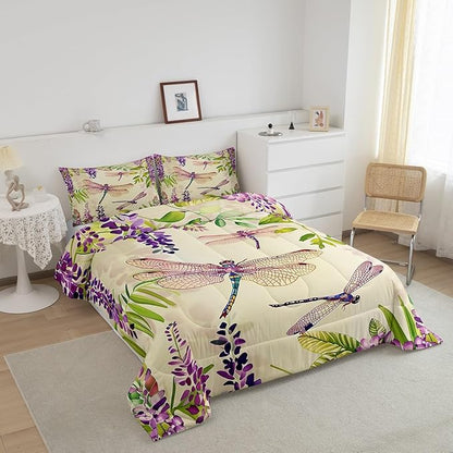 Erosebridal Spring Flowers Down Comforter Wisteria Dragonfly Bedding Set King Rustic Farmhouse Purple Floral Dragonflies Comforter Set for Women Girls Green Watercolor Botanical Leaf Quilt Duvet