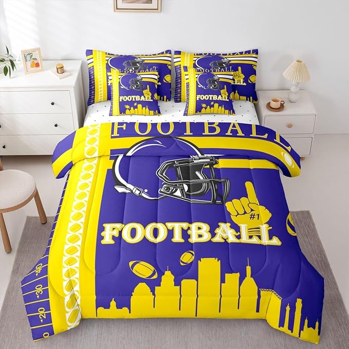 Feelyou Football 7 Pieces Comforter Sets Rugby Sports Bedding Set Queen Size Sports Theme Bed in a Bag with Comforter, Sheets, Pillowcases & Cushion Cover