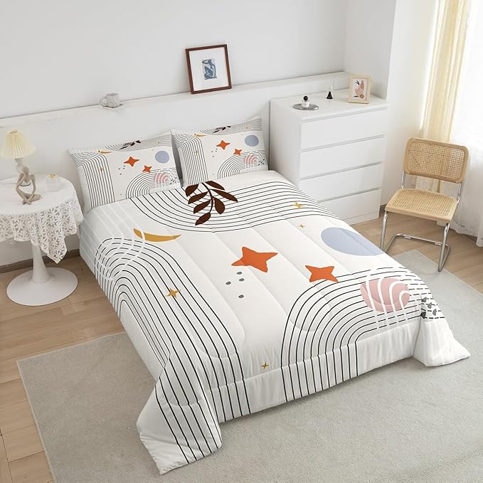 Erosebridal Abstract Red Sun Comforter King Geometric Lines Bedding Set, Aesthetic Down Comforter Vintage Minimalist Bed Set, Modern Quilted Duvet Luxury Grey Circle Room Decoration
