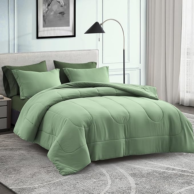 Maple&Stone Full Size Comforter Set 7 Pieces Bed in a Bag - Down Alternative Bed Set with Sheets, Pillowcases & Shams, Soft Reversible Duvet Insert,Sage Green