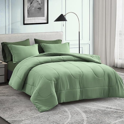Maple&Stone Full Size Comforter Set 7 Pieces Bed in a Bag - Down Alternative Bed Set with Sheets, Pillowcases & Shams, Soft Reversible Duvet Insert,Sage Green