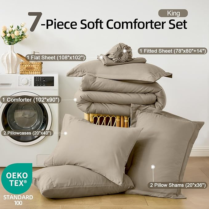 FUANNA King Size Comforter Sets Oatmeal, 7 Pieces Soft Bedding Set, All Season Lightweight Bed in a Bag with Comforter, Flat Sheet, Fitted Sheet, Pillowcases & Shams