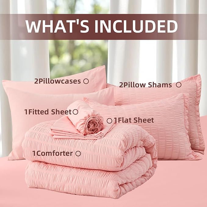 FUANNA Pink King Size Comforter Set 7 Pieces, Luxury Seersucker Bed in a Bag King for All Seasons, Soft King Bedding Set with Comforter, Flat Sheet, Fitted Sheet, Pillowcases & Shams for Bedroom