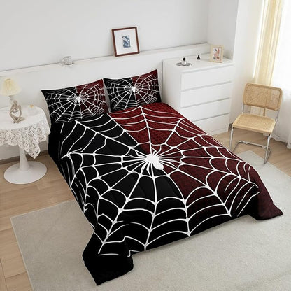 Spider Web Comforter Set Twin Size, Black and Red Halloween Bedding Set 2pcs, White Spider Arachnid Insect Animal Down Comforter for All Season, Kids Boys Teens Room Decor, 1 Pillowcase, No Sheets
