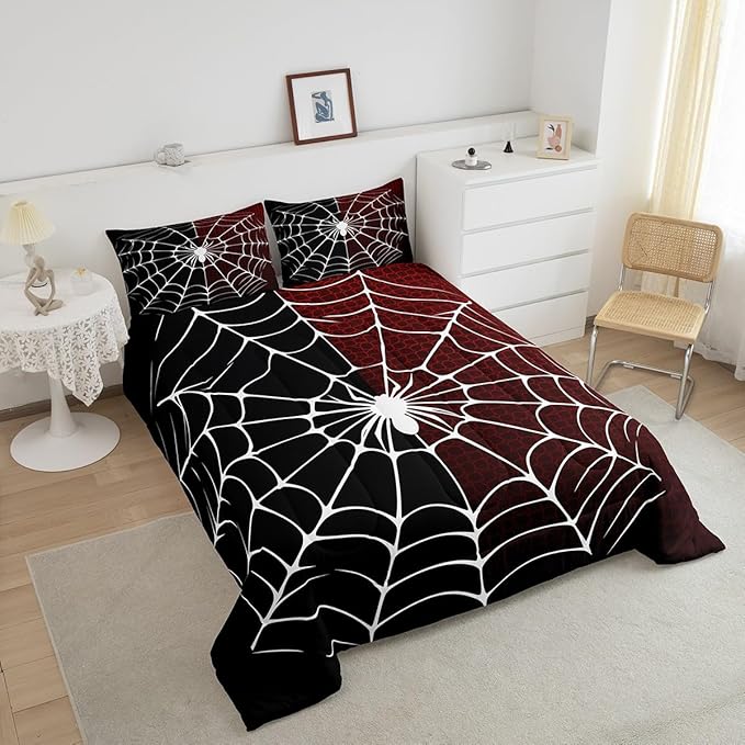 Spider Web Comforter Set King Size, Black and Red Halloween Bedding Set 3pcs, White Spider Arachnid Insect Animal Down Comforter for All Season, Kids Boys Teens Room Decor, 2 Pillowcases, No Sheets