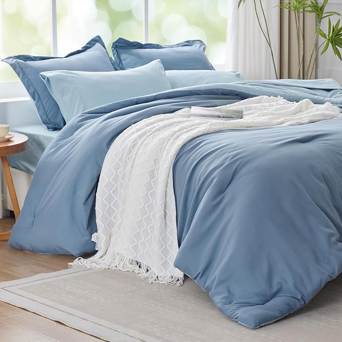 Navy Blue Comforter Set - 7 Piece Soft Bed in a Bag with Reversible Comforter, Sheets, Pillowcases & Shams - All Seasons Boho King Bed Set