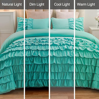 Holawakaka Aqua Waterfall Ruffle Comforter Set Full Size Multi-Layers Ruffled Shabby Chic 3PCS Bedding Set for Girls Women, Kids Teens Ruched Dorm Bed Set