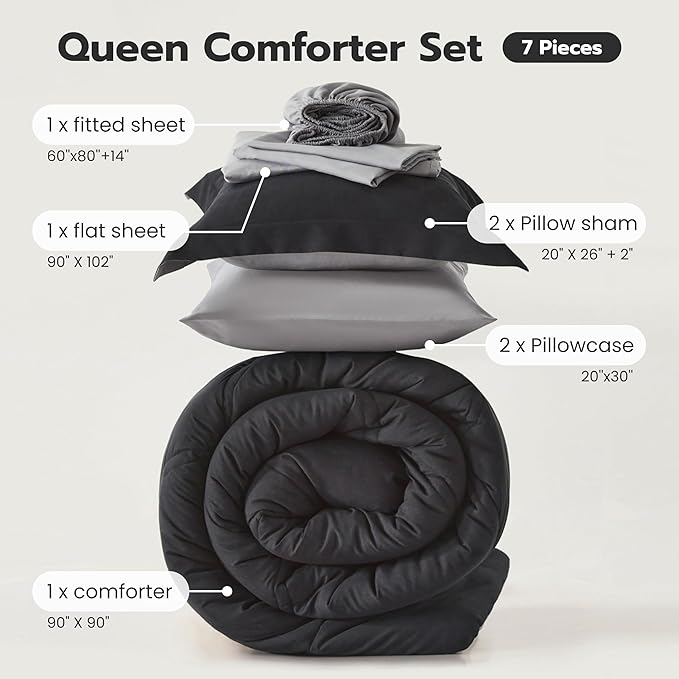 Joiedomi Queen Comforter Set with Sheets Black, 7 Pieces Queen Bed Set with 1 Down Alternative Comforter, 1 Flat Sheet, 1 Fitted Sheet, 2 Pillowcases and 2 Pillow Shams, Bed in a Bag for All Seasons