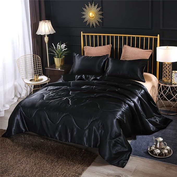 NTBED Silky Satin Comforter Set King Black, Soft Lightweight Microfiber Luxury Sexy Quilted Bedding Sets with 2 Matching Pillow Covers for Summer Spring Autumn
